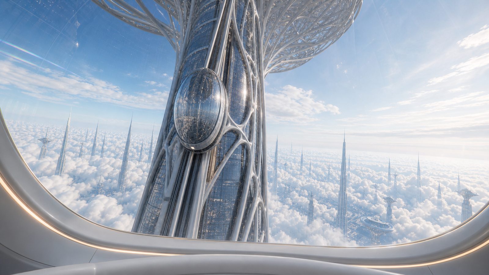 From a sky-lift window above the cloud sea: the crystalline lattice of the crown climbing into clear light, the spires of the summit scattered across the cloud to the horizon.