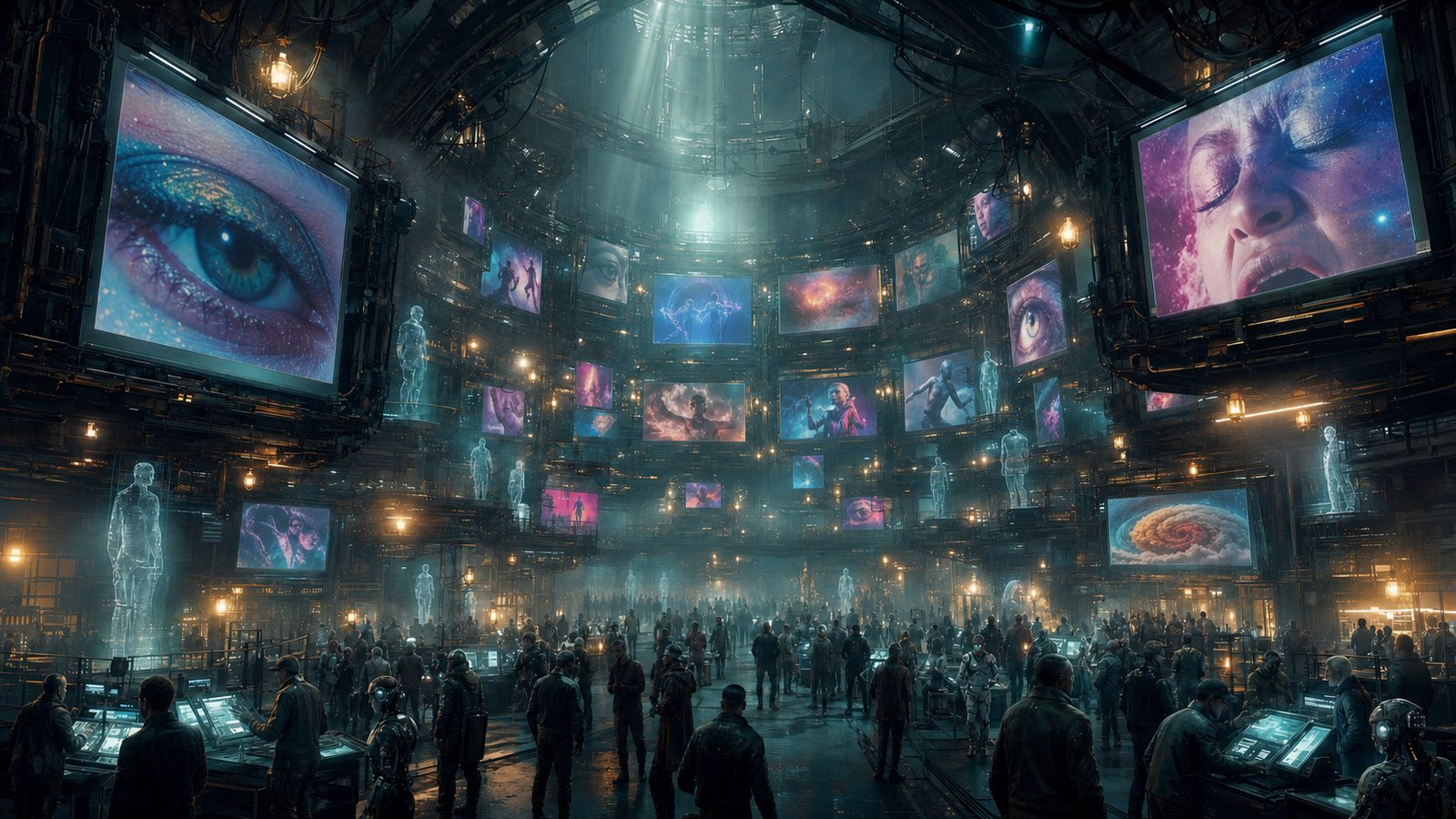 The Sector 46 market hall in full media frenzy: a crowd on the hall floor under tier after tier of screens, every one of them showing a face or an eye.