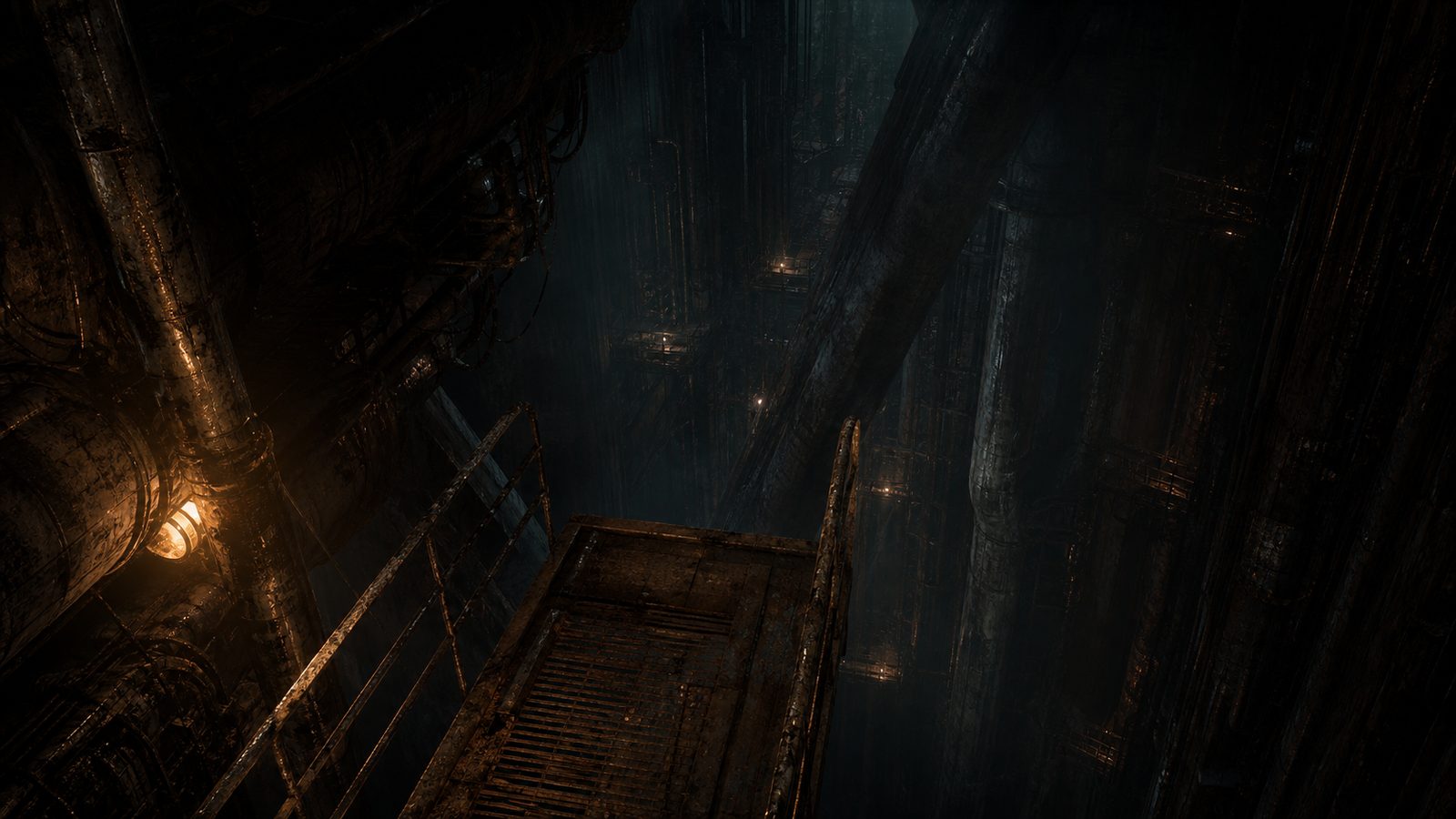 A catwalk running out over a black void deep in the Upper Vaults: scavenged structure and cabling on every surface, lit by a few scattered work lamps.