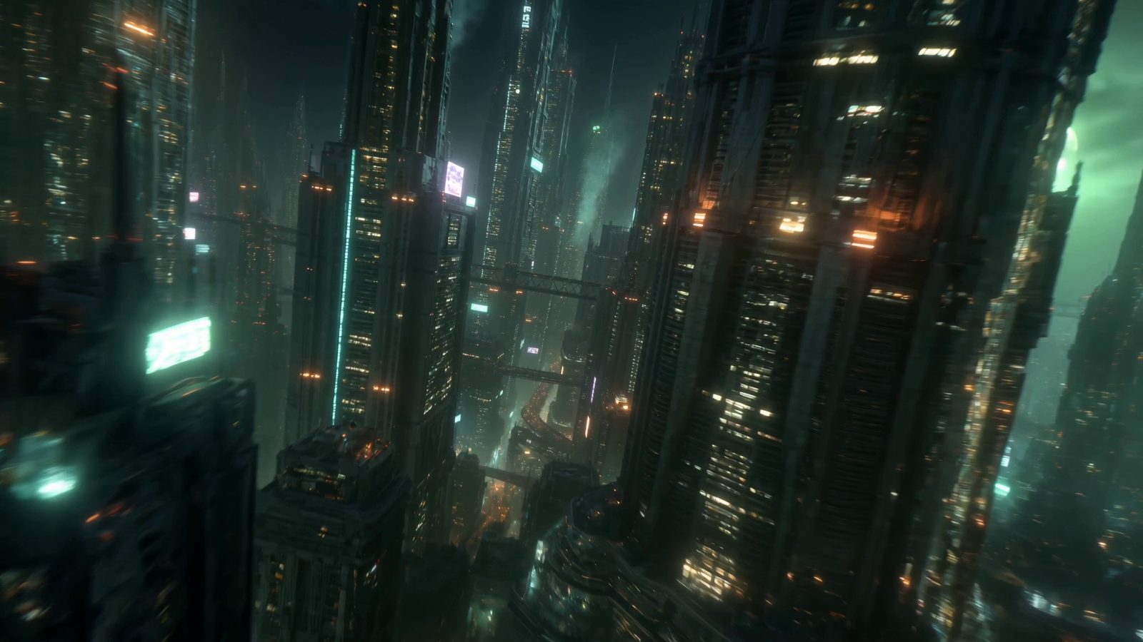Mid-descent among the towers: lit facades, holo signage and bridges crossing the canyons, everything hazed green by the city's own light.