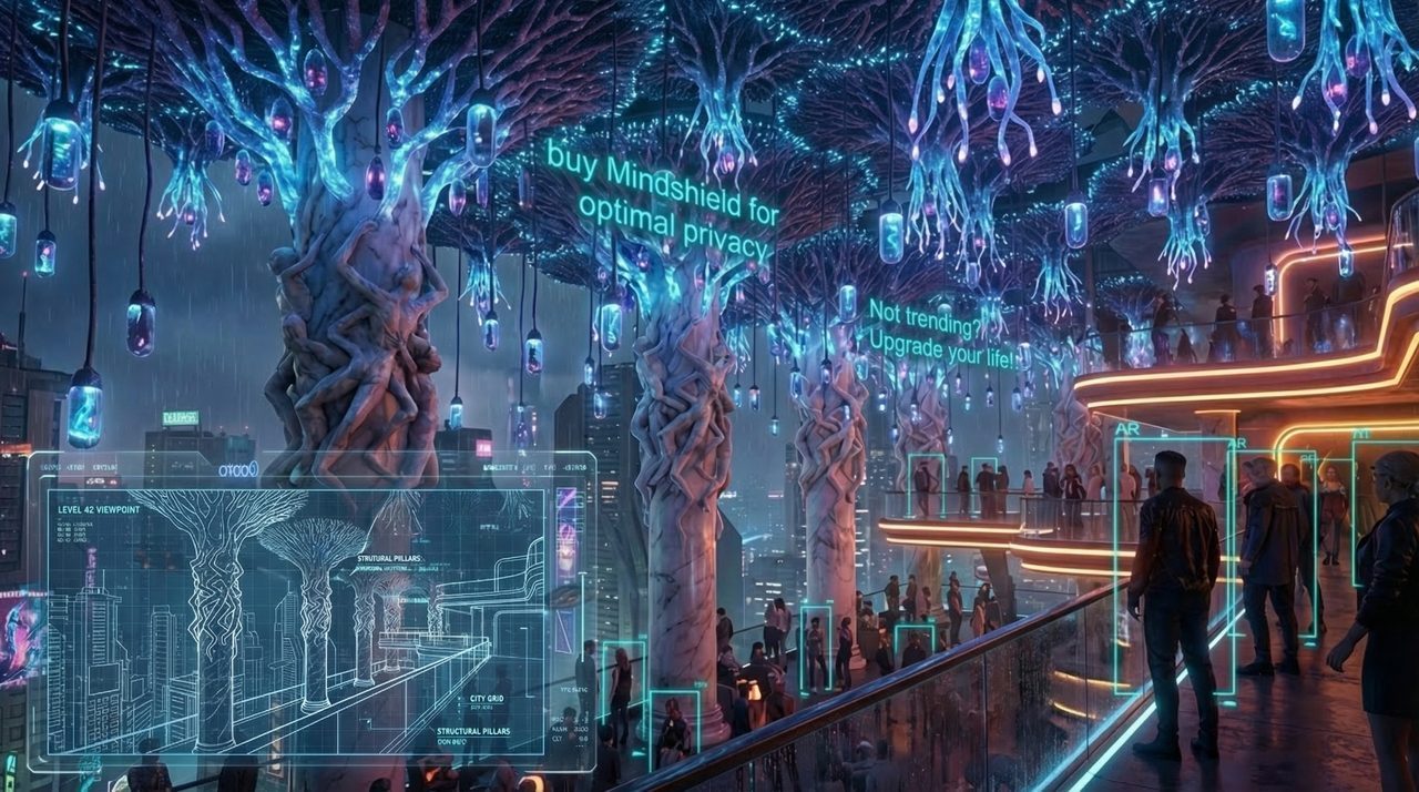 Apex Heaven — a glass-railed promenade beneath towering bioluminescent blue mega-columns hung with glowing pods, figures along the rail above a vast lit city grid, amber neon accents and rain.