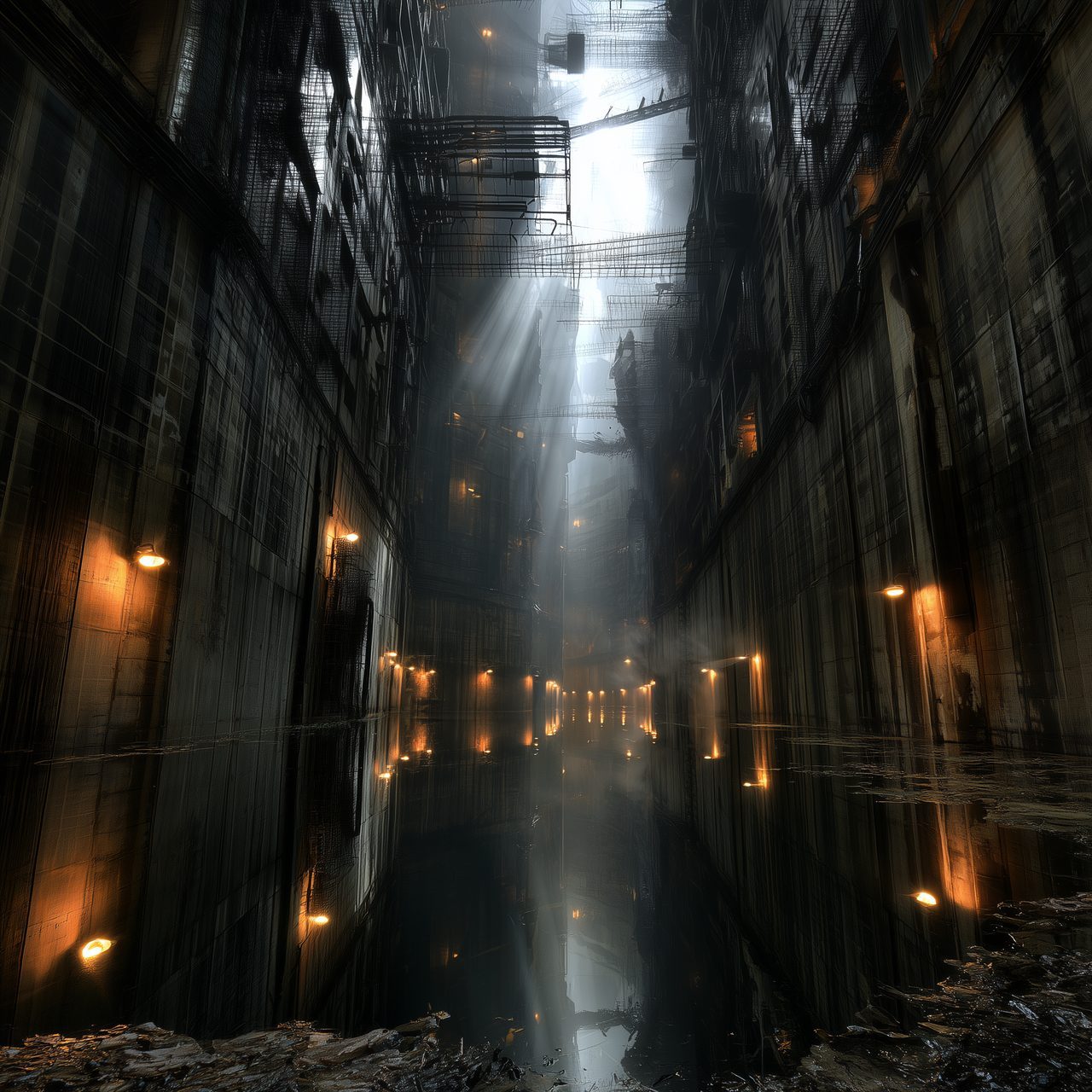 The Stacks — a flooded service canyon between towering concrete walls, a thin shaft of pale light falling from far above, sodium lamps studding the walls, debris and standing water mirroring the lights.