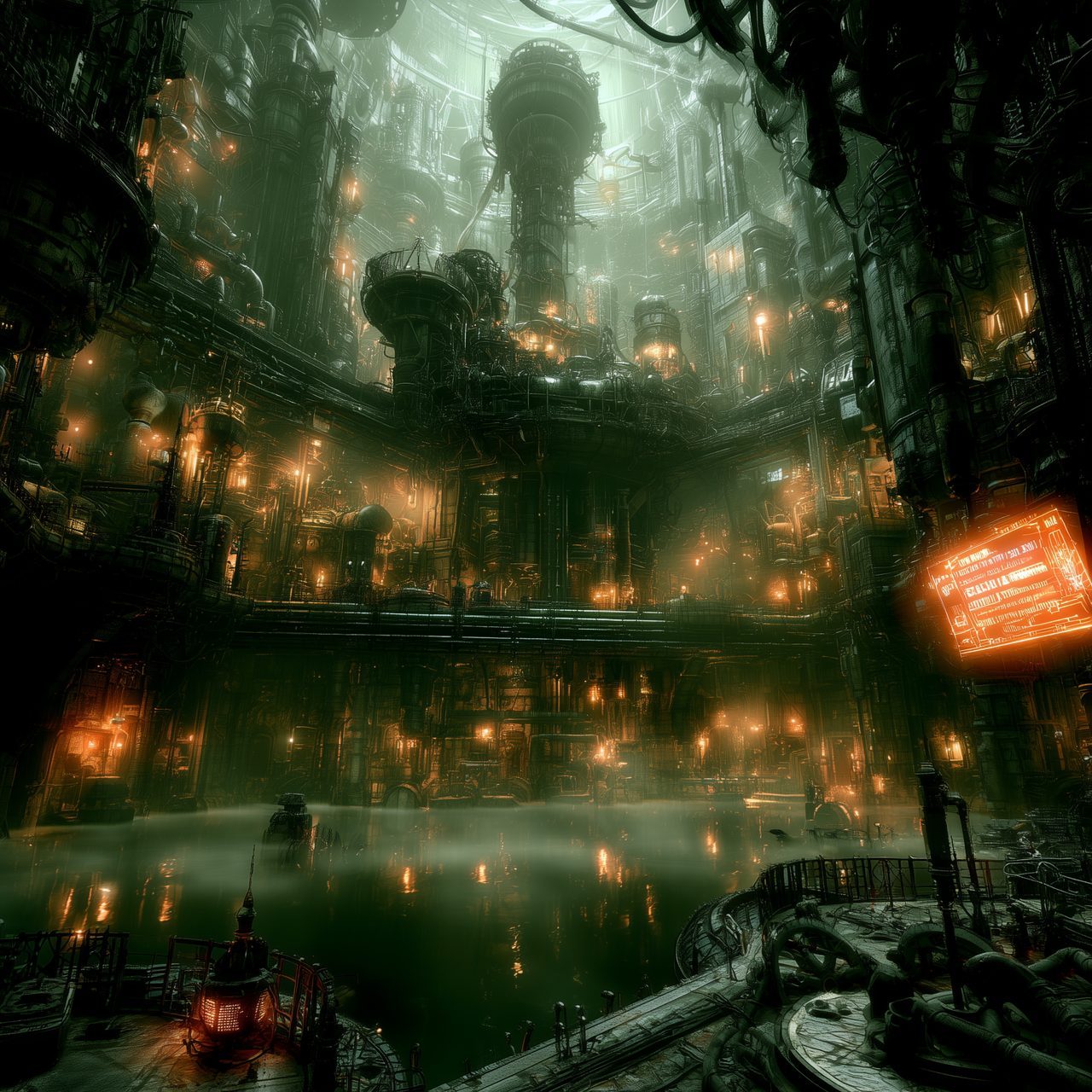 The Stacks — a vast flooded industrial interior of refinery towers and tiered machinery, hundreds of warm work-lights reflected in standing water, teal-green haze, a red signage panel.