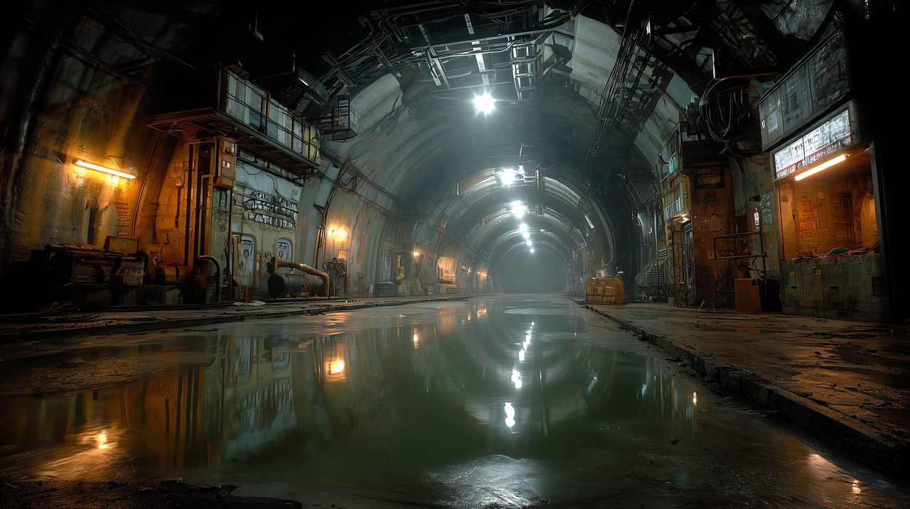 The Vaults — a vast arched, flooded industrial hall, dim light mirrored in still black water.