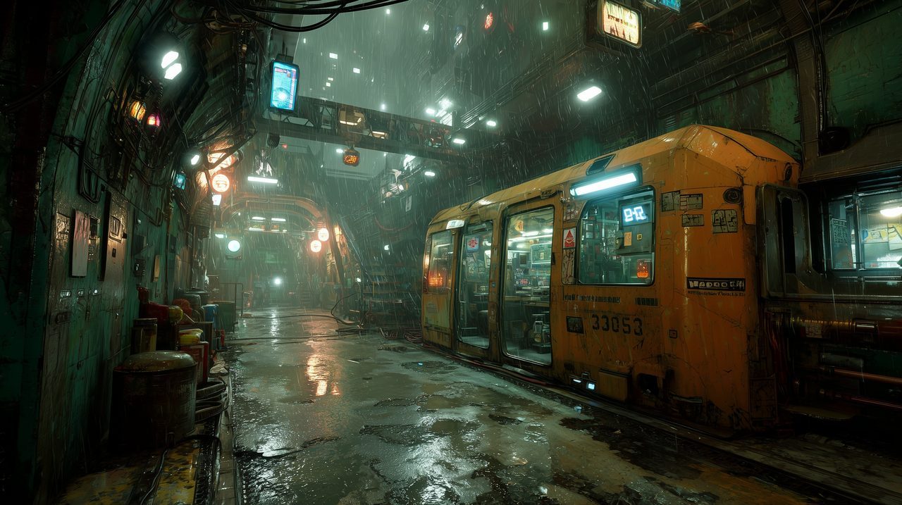 The Vaults — a grimy yellow relic train on a wet, flooded platform in teal-green gloom, hung with neon and lamps.
